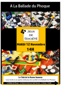 le mardi 5 novembre à 14h, le club de la bonne humeur vous invite à la Ballade du Phoque pour un après-midi Jeux de Société